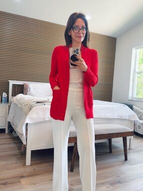 Women's Open-Front Red Cardigan with Pockets